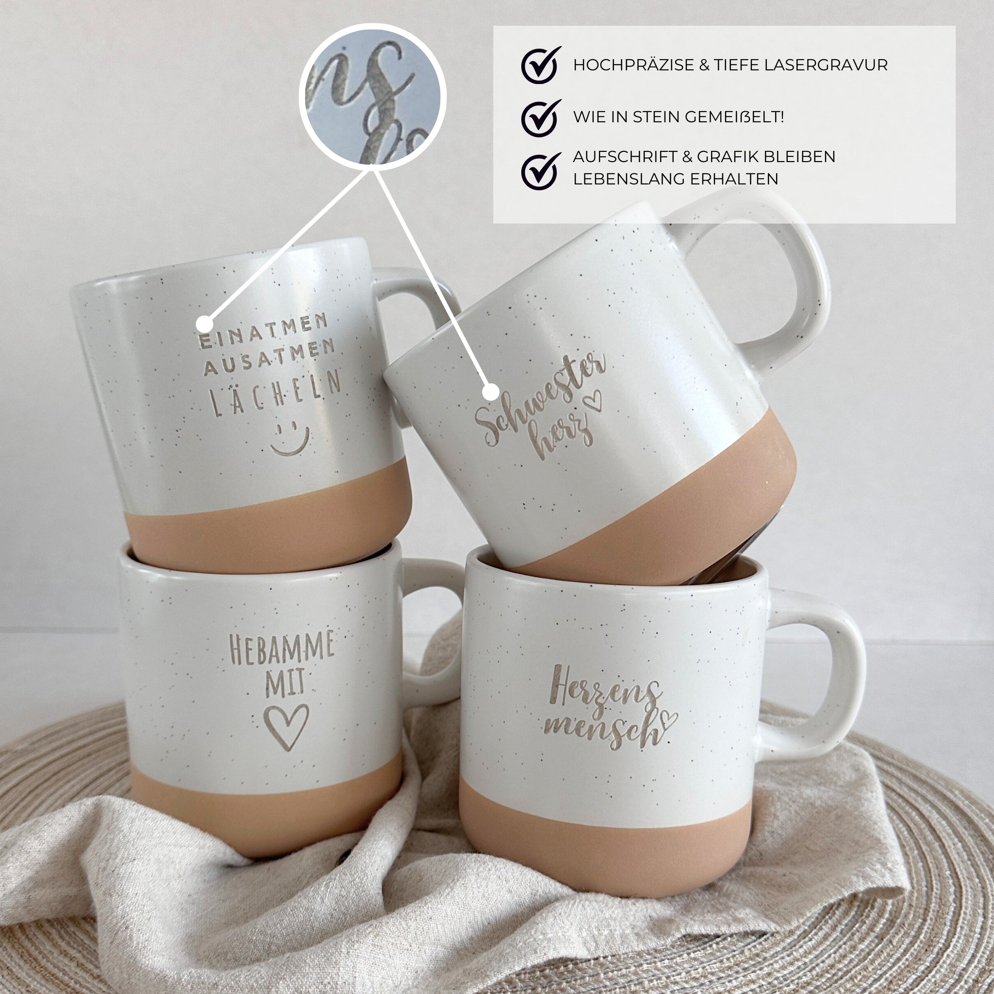 Steingut Tasse - "Hebamme mit Herz" - Gravur - SANDY