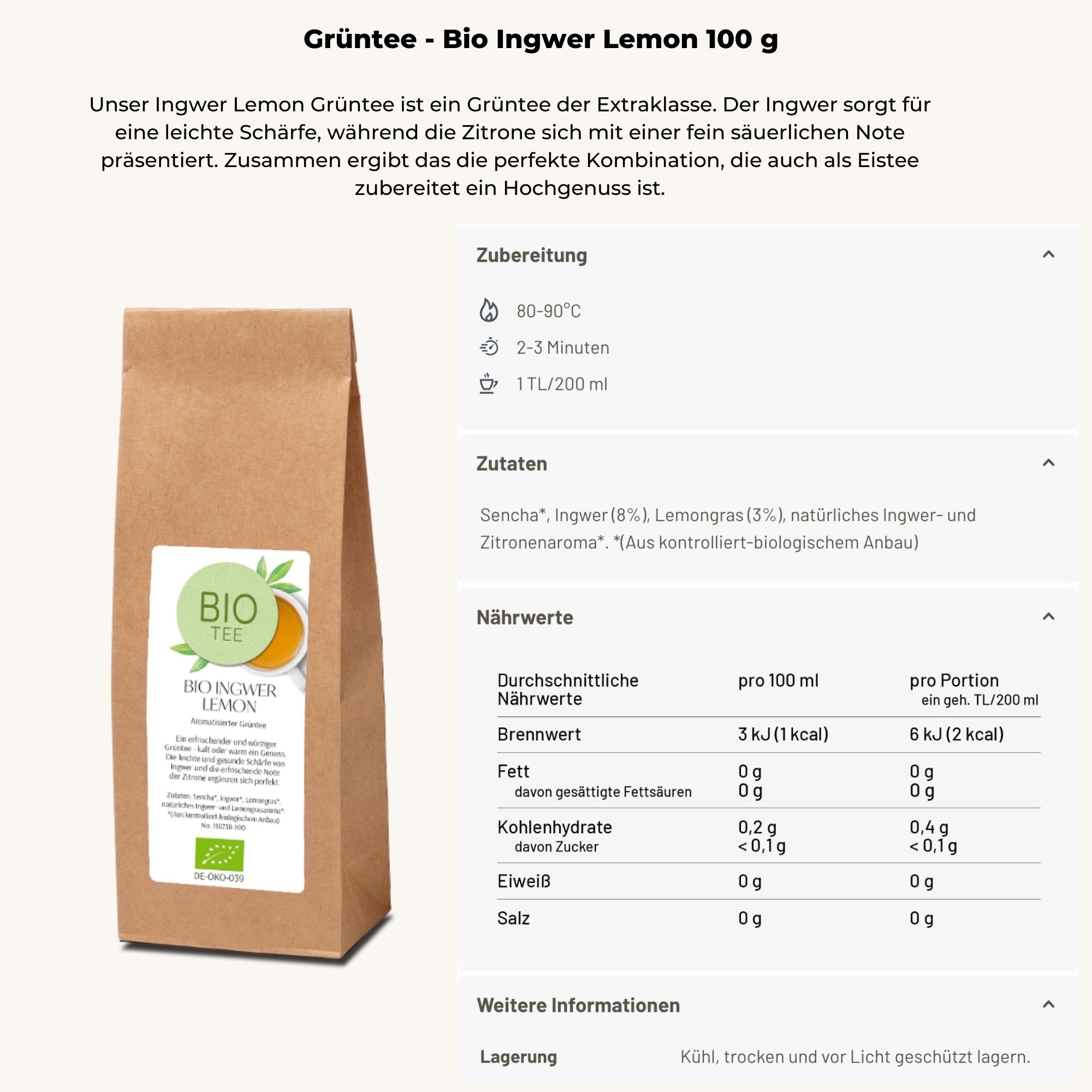 Bio Ingwer Lemon 100 g | Grüner Tee