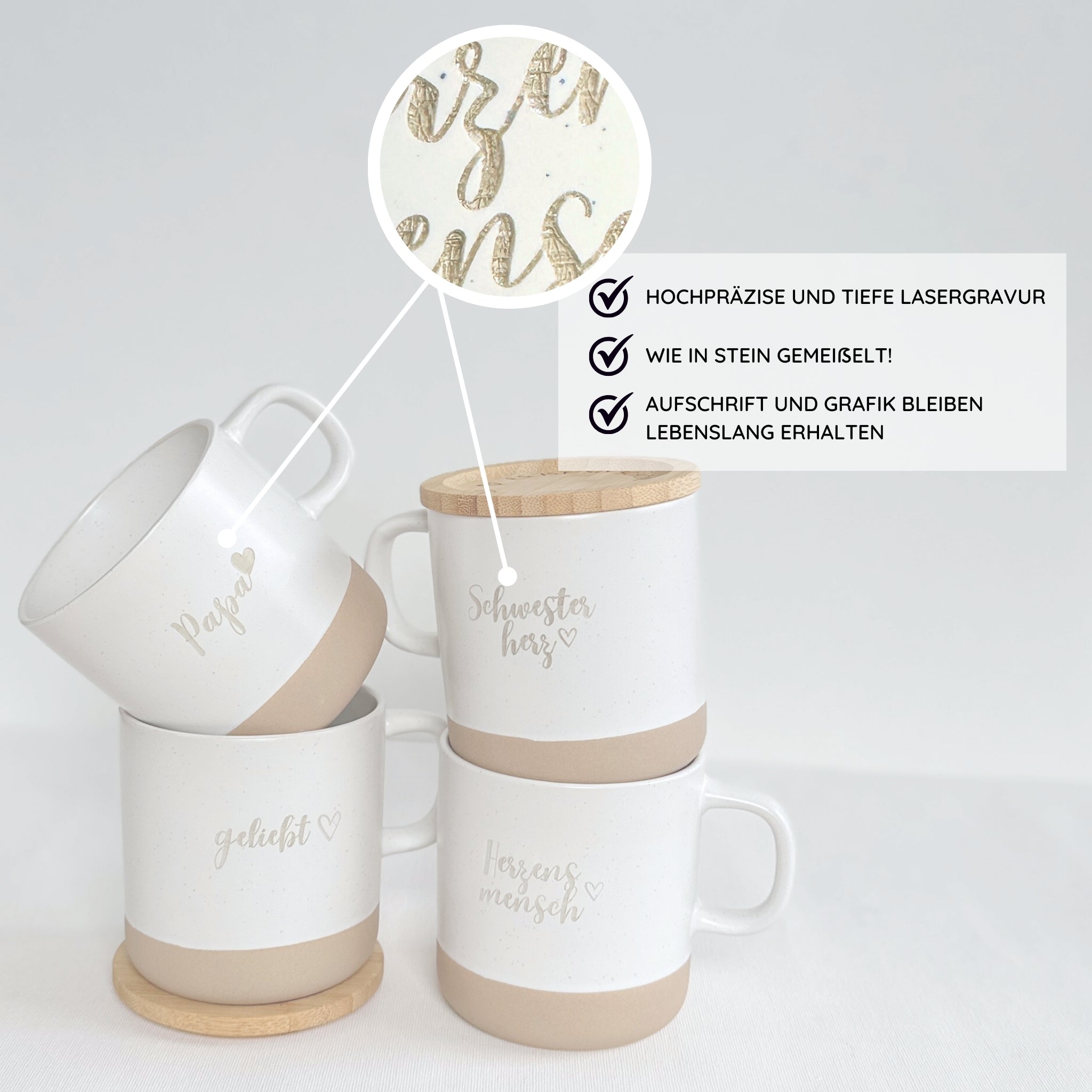 Steingut Tasse - "Einatmen I" - Gravur - SANDY