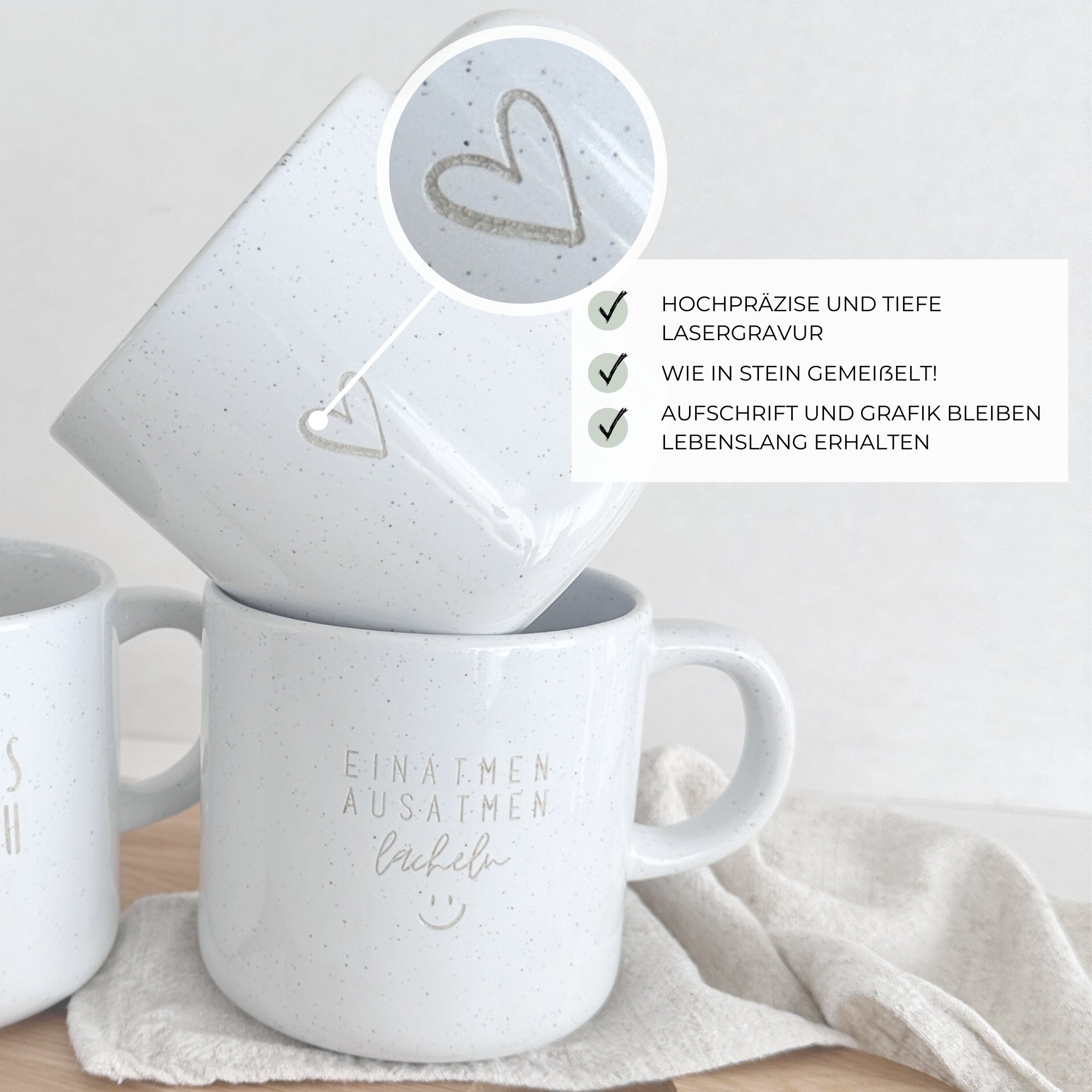 Steinzeug Tasse - "Einatmen" Gravur - hochglanz | SHINY