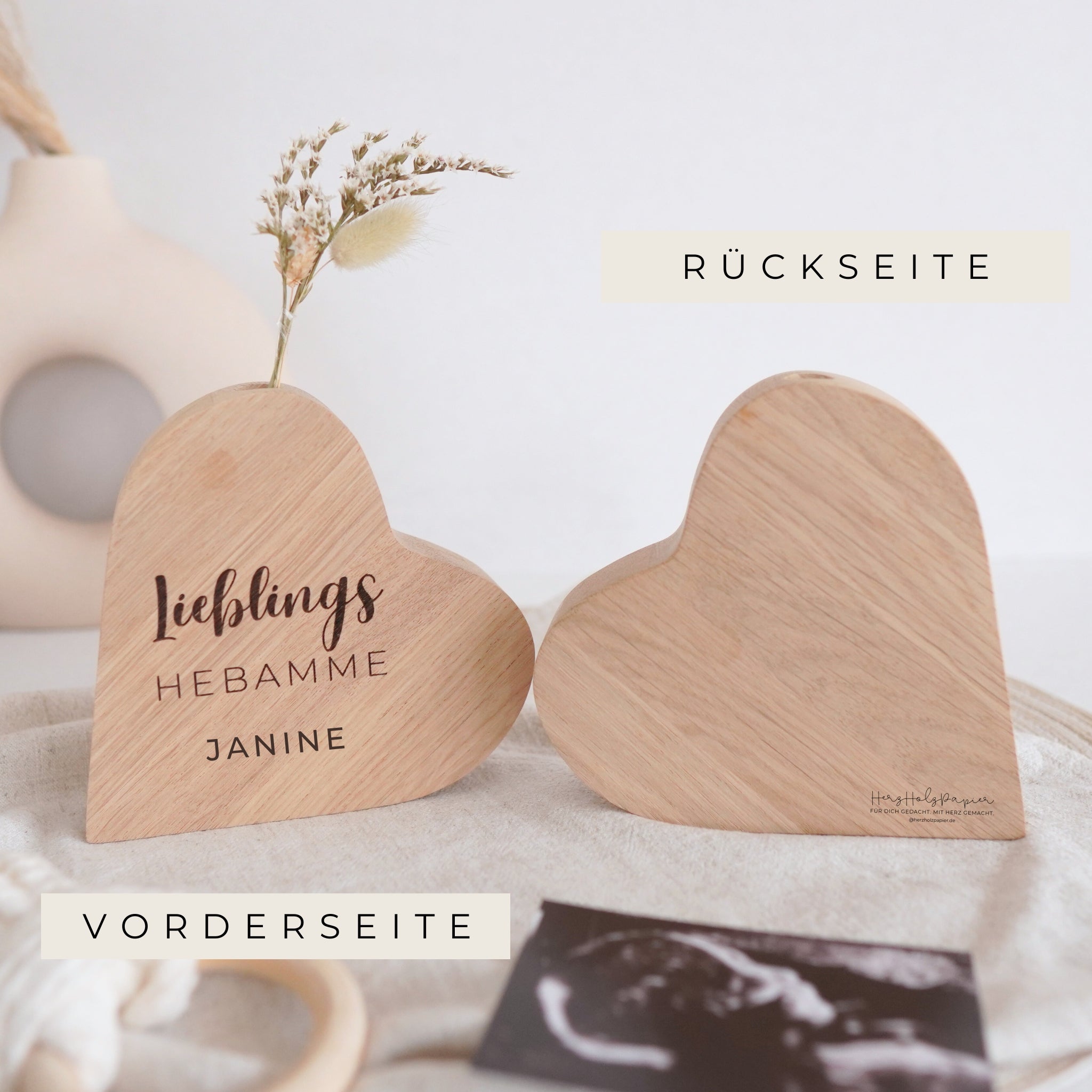 Herzform "Lieblingshebamme" massivem Eichenholz inkl. Trockenblumen