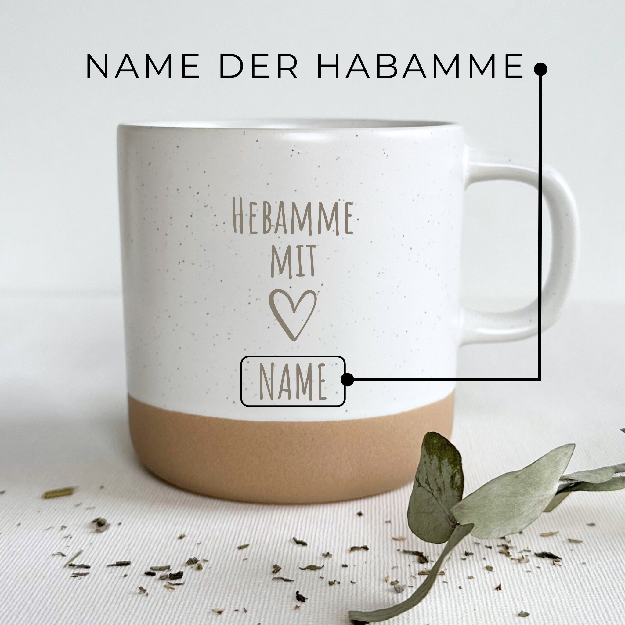 Steingut Tasse - "Hebamme mit Herz" - Gravur - SANDY