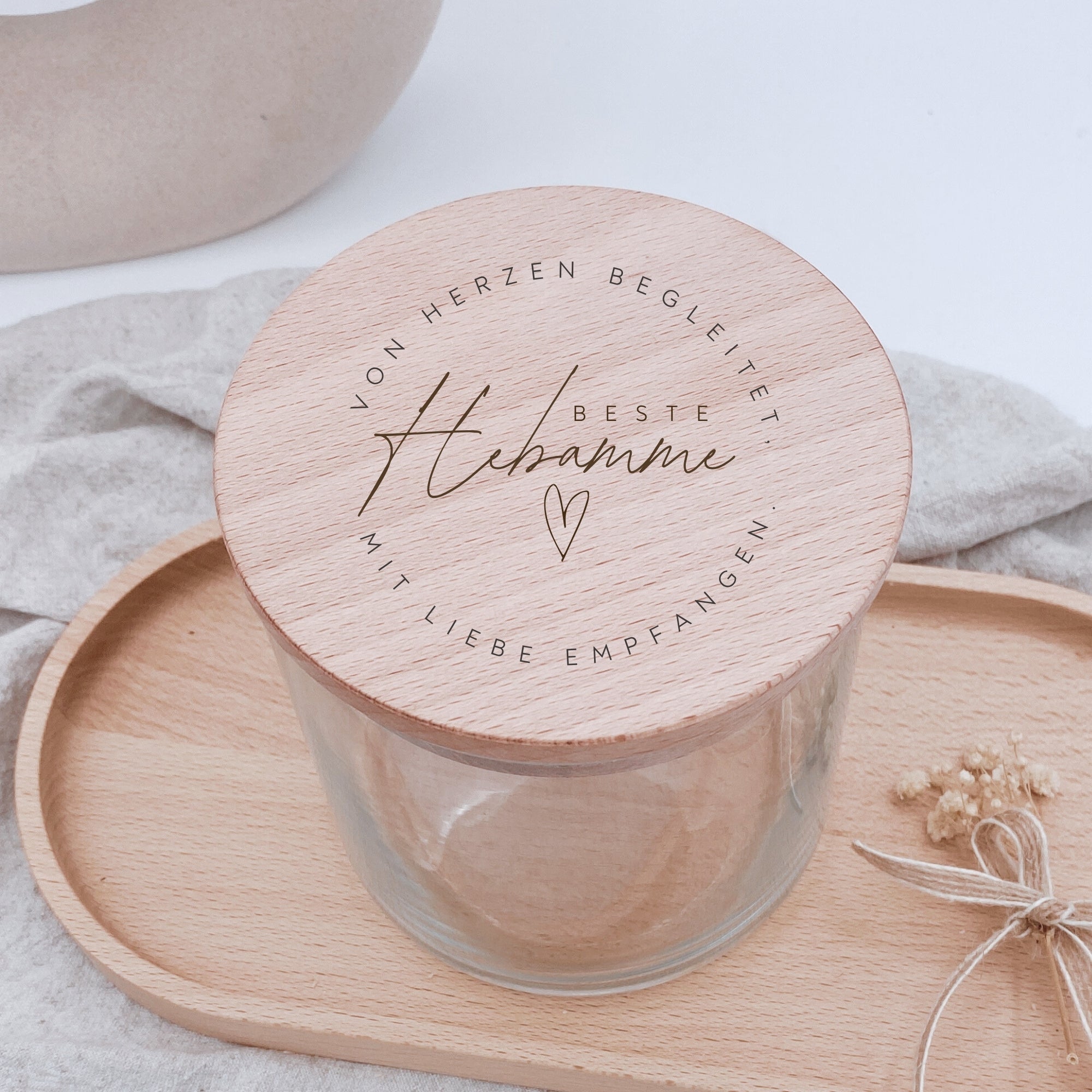Vorratsglas "Beste Hebamme" mit graviertem Holzdeckel · 530 bis 880ml