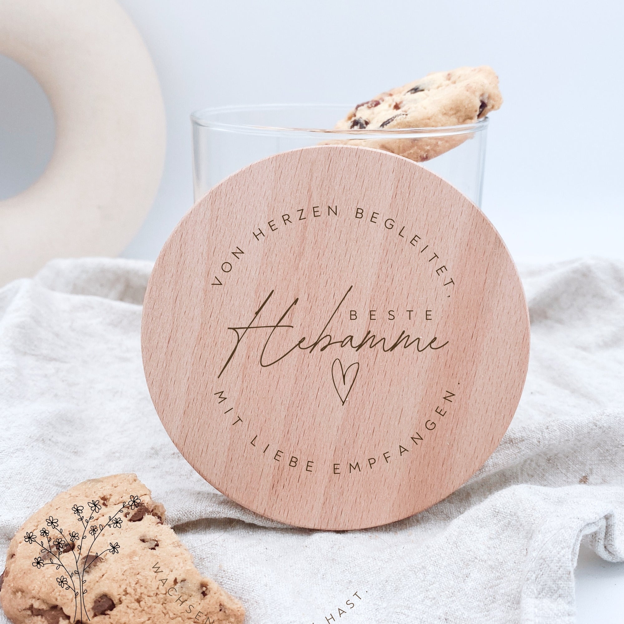 Vorratsglas "Beste Hebamme" mit graviertem Holzdeckel · 530 bis 880ml