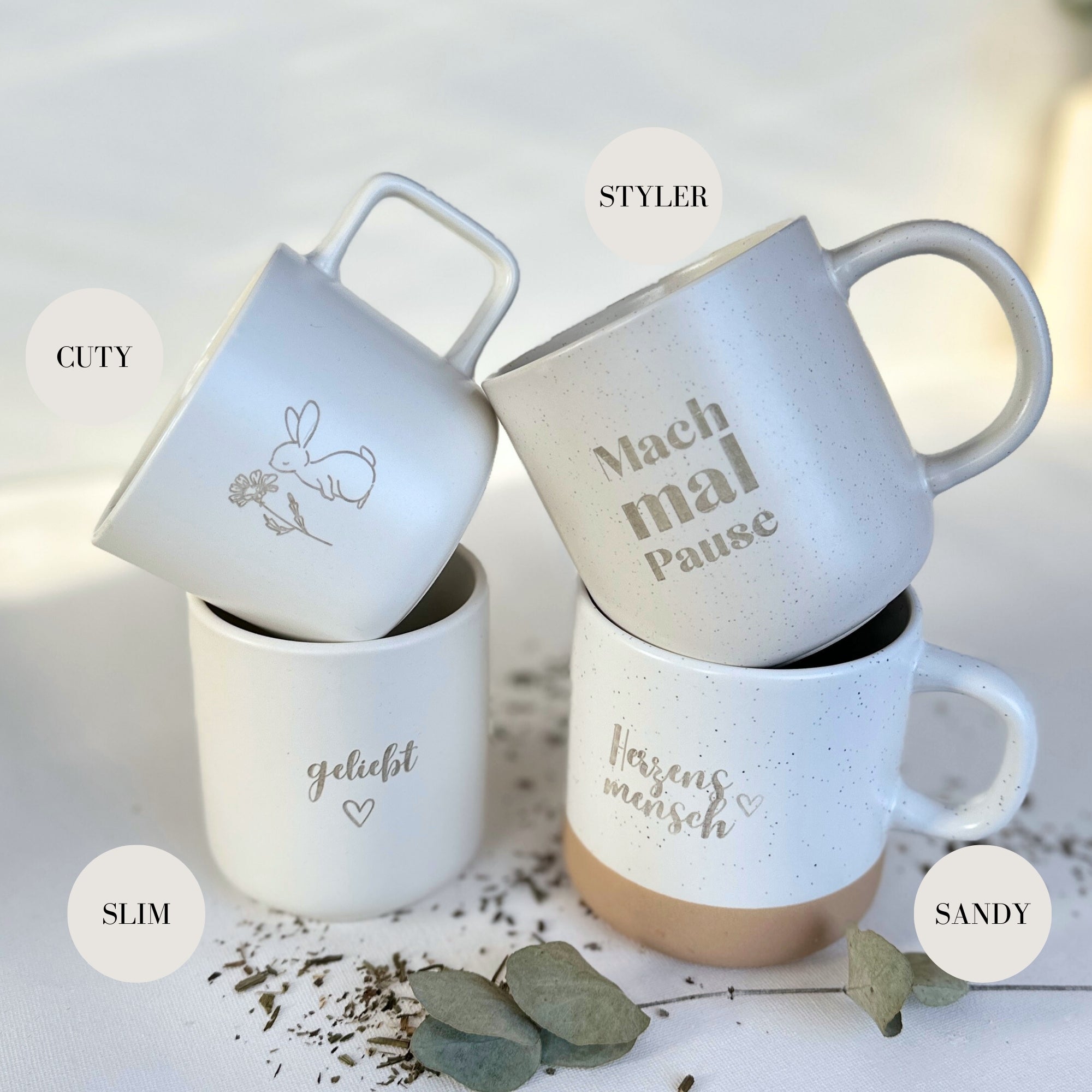 Steingut Tasse - "Einatmen" - Gravur - STYLER
